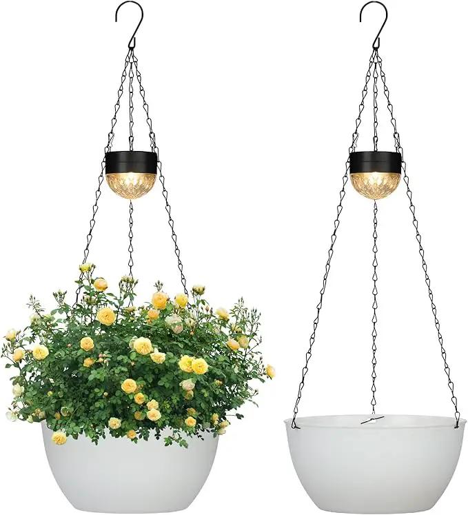 2 Packs Hanging Planters Basket for Outdoor Plants, Solar Powered Self Watering White Round Plastic Flower Pots with Drainer for Balcony Patio Garden Outdoor Decoration by GreenHaven Gardens