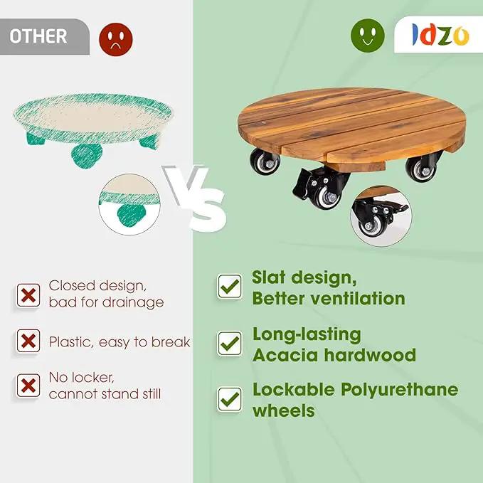 Idzo 2-Pack 14 Inch Acacia Wood Rolling Round Plant Caddy, Plant Caster for Heavy Duty Plant Stand with 360° Lockable Wheels, 264 lbs Capacity Caddy for Indoor and Outdoor Use, Natural Wood by GreenHaven Gardens