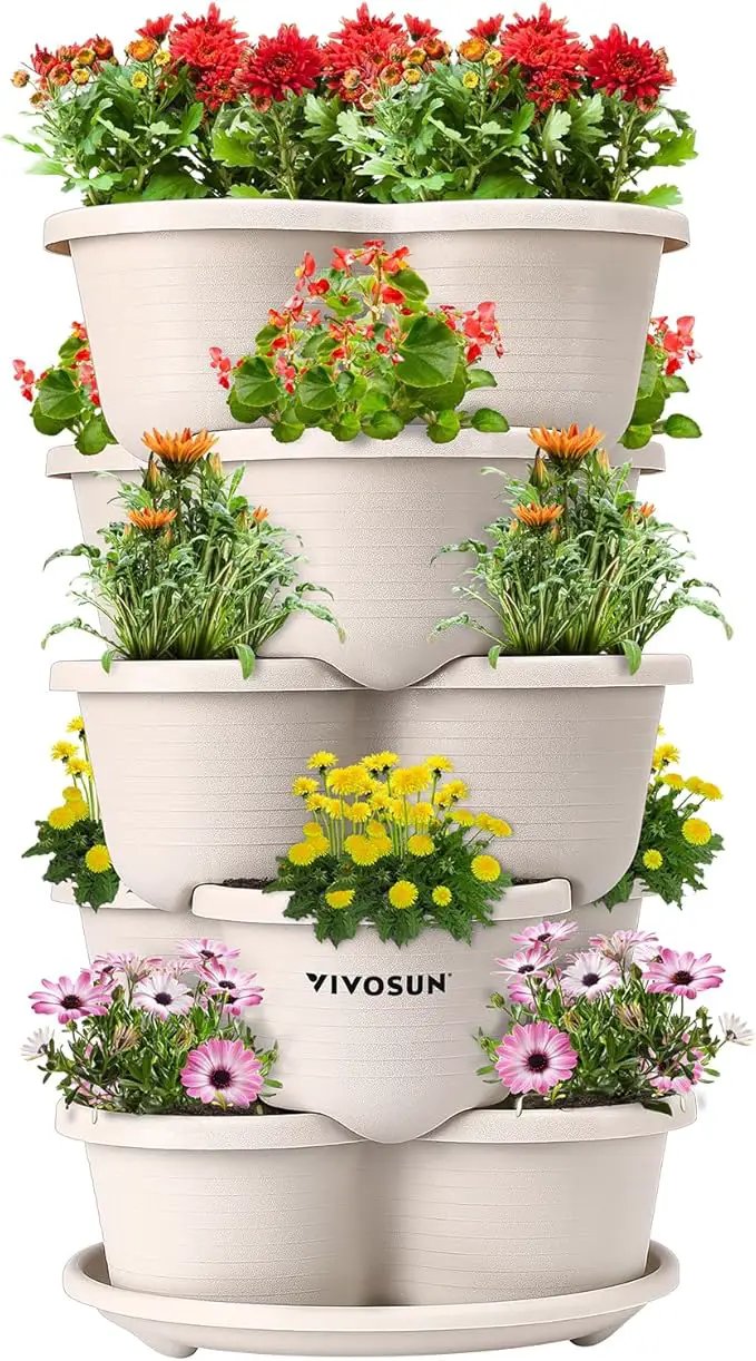 VIVOSUN 5 Tier Vertical Gardening Stackable Planter for Strawberries, Flowers, Herbs, Vegetables, Ivory by GreenHaven Gardens