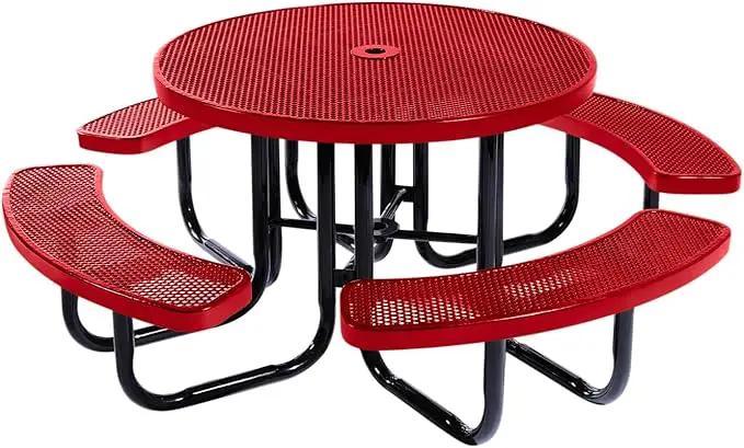 Heavy-Duty Portable Outdoor Picnic Table with Umbrella Hole, Punched Steel Commercial-Grade Patio Dining Furniture Made in America (46" Round Top, Textured Red) by GreenHaven Gardens