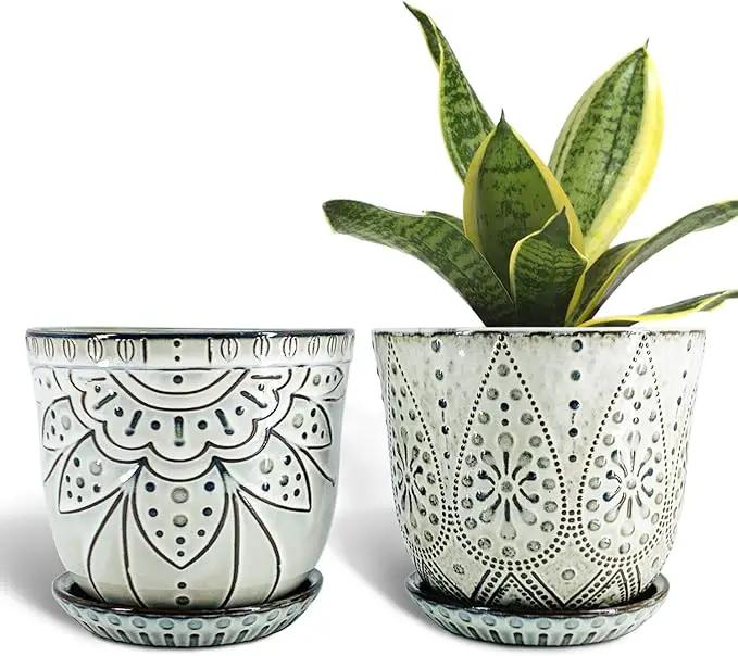 Gepege 6 Inch Beaded Ceramic Planter Set of 2 with Drainage Hole and Saucer for Plants, Indoor-Outdoor Large Round Succulent Orchid Flower Pot (Smoked Gray, Inner-pots not Larger Than 5 Inch) by GreenHaven Gardens