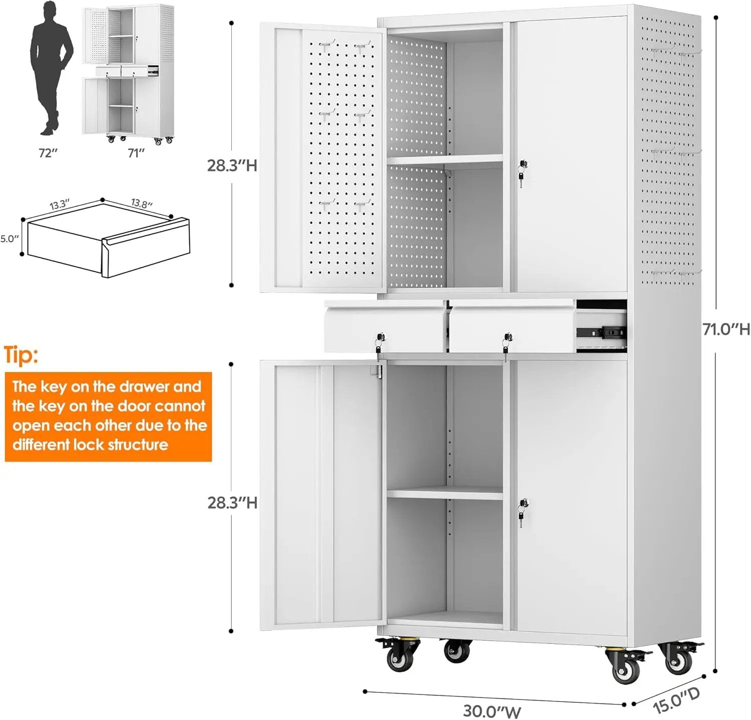 Aobabo Metal Storage Cabinet with 2 Locking Drawer and Pegboard, Steel Rolling Tool Cabinet with 8 Hooks and 2 Adjustable Shelves for Garage, Home, Office, Kitchen Assembly Required, White by GreenHaven Gardens