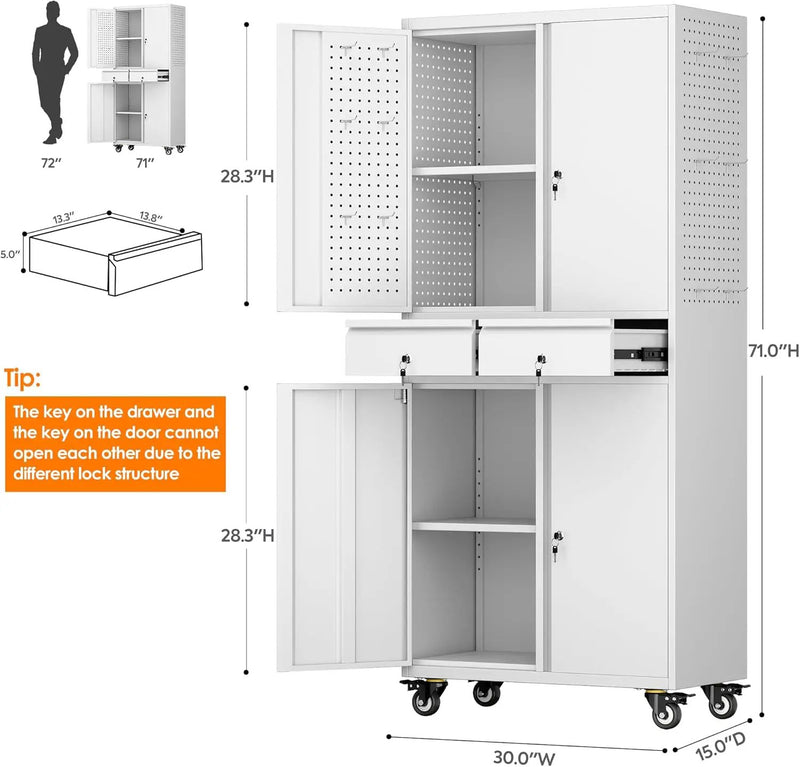 Aobabo Metal Storage Cabinet with 2 Locking Drawer and Pegboard, Steel Rolling Tool Cabinet with 8 Hooks and 2 Adjustable Shelves for Garage, Home, Office, Kitchen Assembly Required, White by GreenHaven Gardens