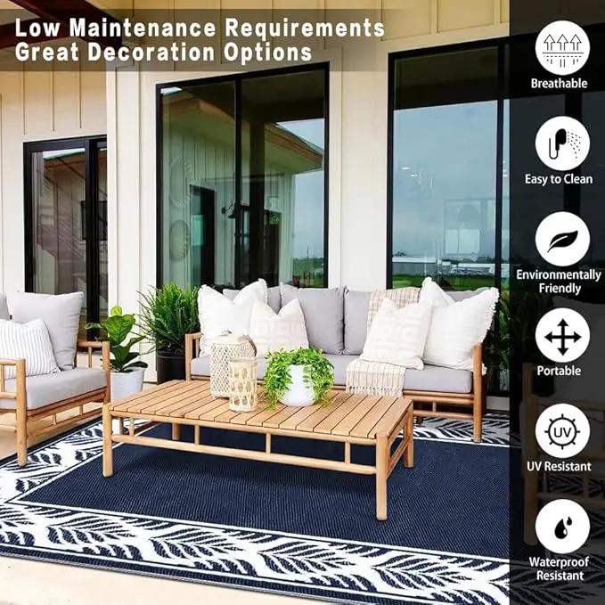 Outdoor Plastic Straw Rug, Waterproof Mat, Washable Large Floor Mat and Rug for Outdoors, RV, Beach, Patio, Camping, Backyard, Deck, Picnic, Outside (Olive-Leaf/Dark Blue&White,9x12ft) by GreenHaven Gardens