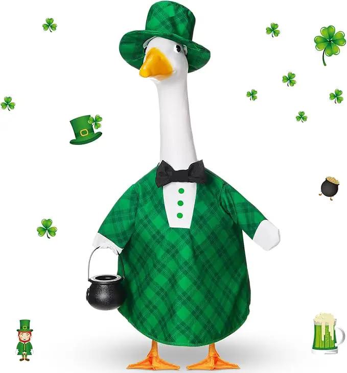 St Patrick's Green Plaid Goose Outfit Lawn Porch Goose Clothes 23 Inch St Patricks Day Outdoor Patio Yard Lawn Art Decoration by GreenHaven Gardens