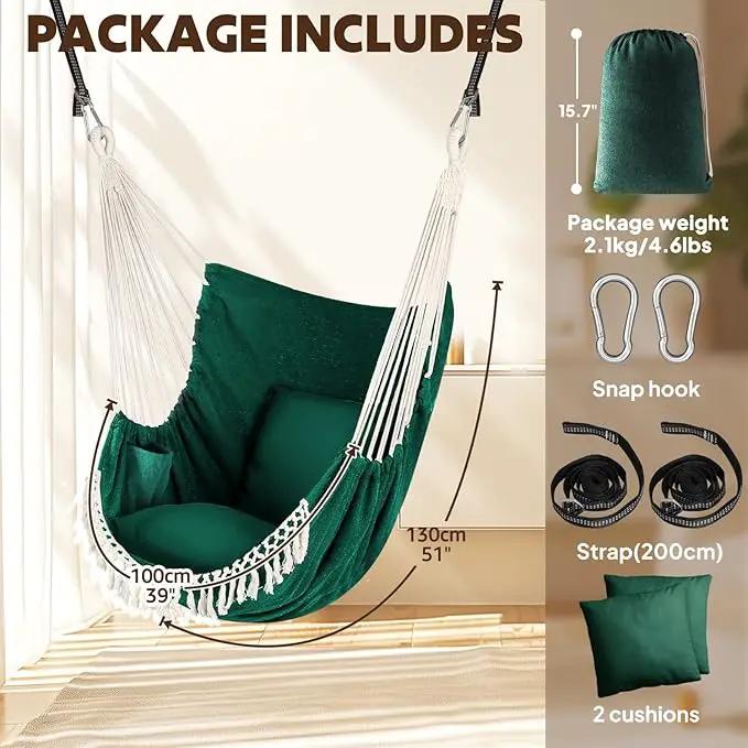 Chihee Hammock Chair Hanging Swing 2 Pillows Included,Strong Webbing Straps and Hooks for Easy Hanging Soft Cotton Hanging Chair Side Pocket Tassel Chair Comfort Indoor Outdoor by GreenHaven Gardens