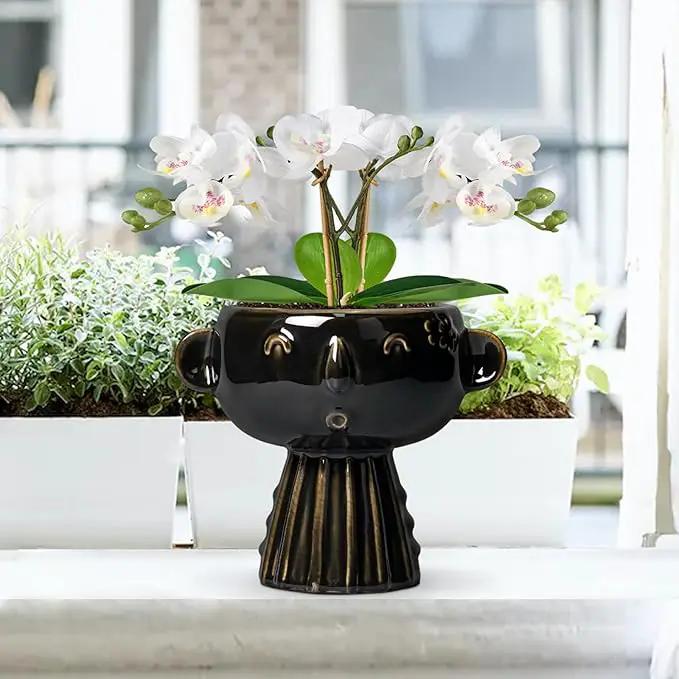 Head Planter 7 Inch - Ceramic Face Planters with Drainage Hole, Funny Succulent Pots for Indoor Outdoor, Cute Decorative Plant Pot, Desk Office Room Home Decor, Black by GreenHaven Gardens