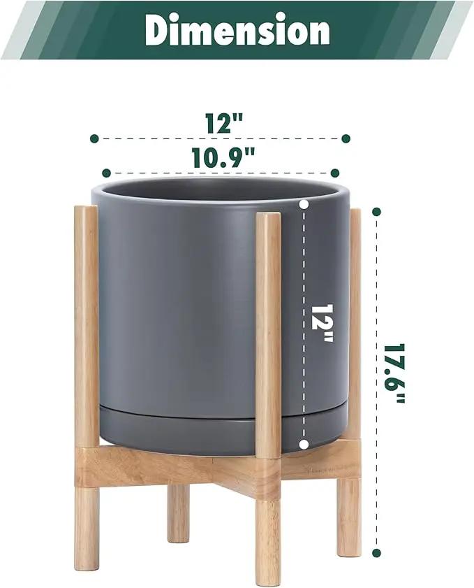 D'vine Dev Ceramic Planter with Natural Stand - 12 Inch Modern Round Flower Pot with Wood Planter Holder, Grey, 55-B-J-3 by GreenHaven Gardens