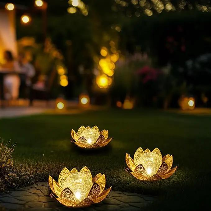 Solar Lights Outdoor Waterproof Lotus Flower Metal Yard Art Decoration Crackle Globe Glass Solar Lamp Garden Decor for Outside, Flowerbed Lawn Patio Porch Pathway Pond Decorations by GreenHaven Gardens