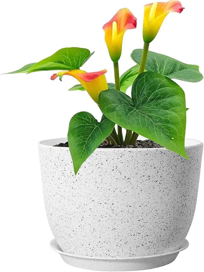 Plant Pots 12 inch, Plastic Planters with Drainage Holes and Saucers, Large Flower Pots for Indoor Outdoor Plants, Modern Decorative Pots for Garden House Plants, Speckled White by GreenHaven Gardens