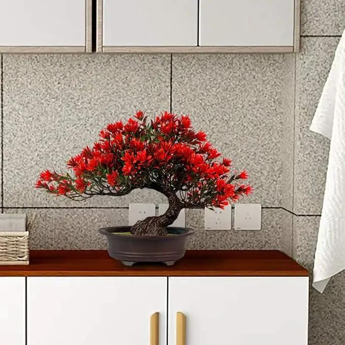 Fake Plants Plastic Artificial Bonsai Tree, Red Bonsai Tree for Home Bedroom Office Desk Farmhouse Room Decor, Tall 9.5" by GreenHaven Gardens