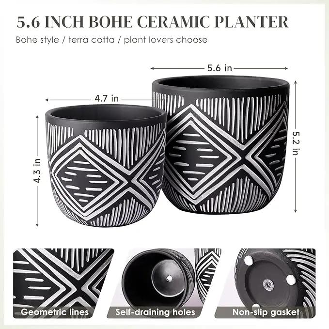 6 Inch Boho Planter Pots with Drainage Holes, 2 Pcs Terracotta Pots, Ceramic Plant Pots for Indoor Plants, Ferns, Vines, Succulents, and Outdoor Plants Growing, Gift for Plant Lovers（Black） by GreenHaven Gardens