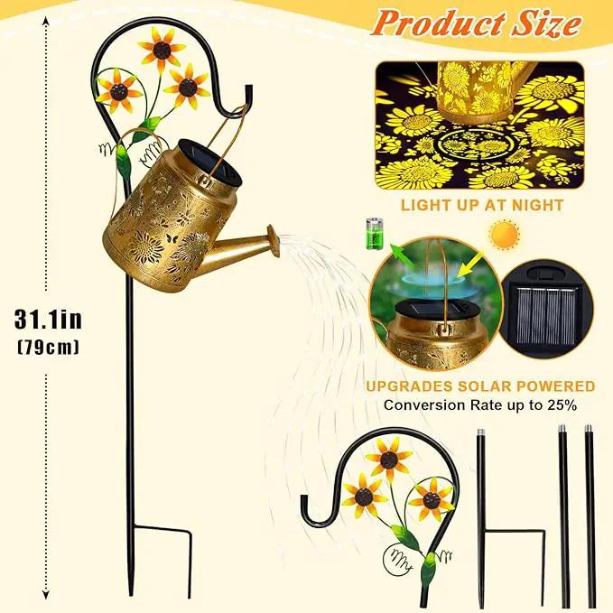Solar Watering Can Lights Outdoor Garden Decor, Large Sunflower Hanging Lantern with Shepherd Hook, Yellow LED, Gold Finish, Floral Theme, Outdoor Decoration, Parties, Occasions by GreenHaven Gardens