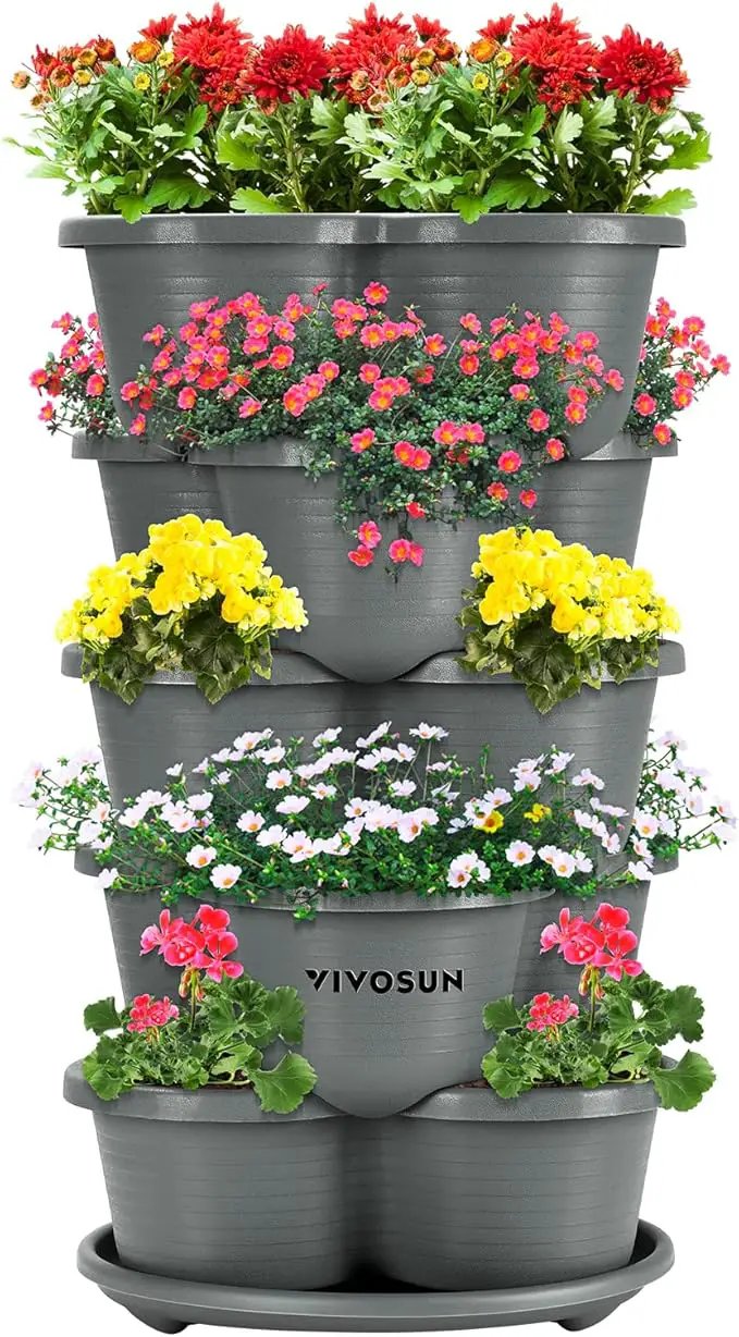 VIVOSUN 5 Tier Vertical Gardening Stackable Planter for Strawberries, Flowers, Herbs, Vegetables, Grey by GreenHaven Gardens