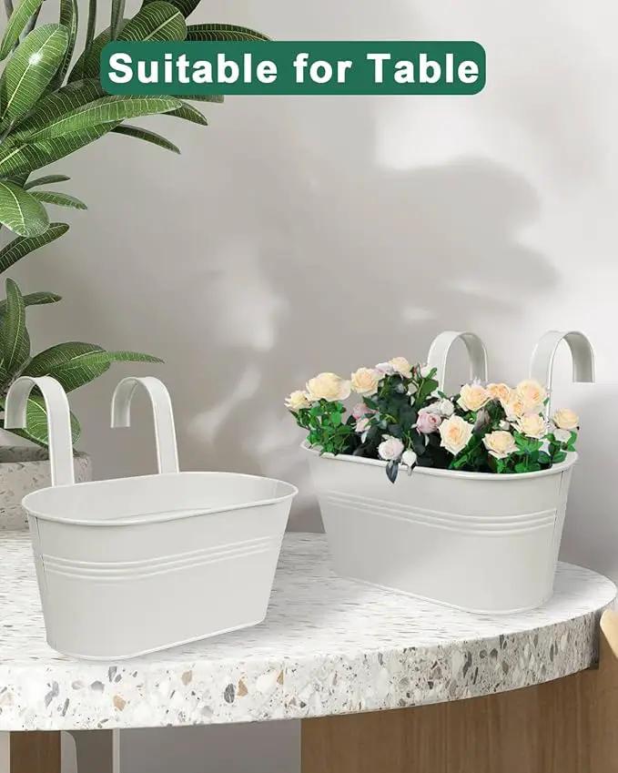 vensovo Metal Railing Planter for Outdoor Plants - 5 Pack Balcony Hanging Flower Pots with Detachable Hooks and Drain Holes Oval Bucket Rail Box Fence Planters for Home Garden Decor, White by GreenHaven Gardens
