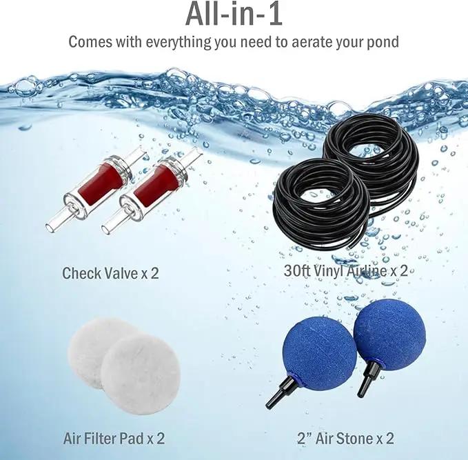 Pond Air Pump Pond Aerators for Outdoor Ponds up to 2000 Gallons, Flow Adjustable Pond Aerator Pump All-in-One Pond Aeration Kit with Airline Tubing Air Stones Check Valves by GreenHaven Gardens