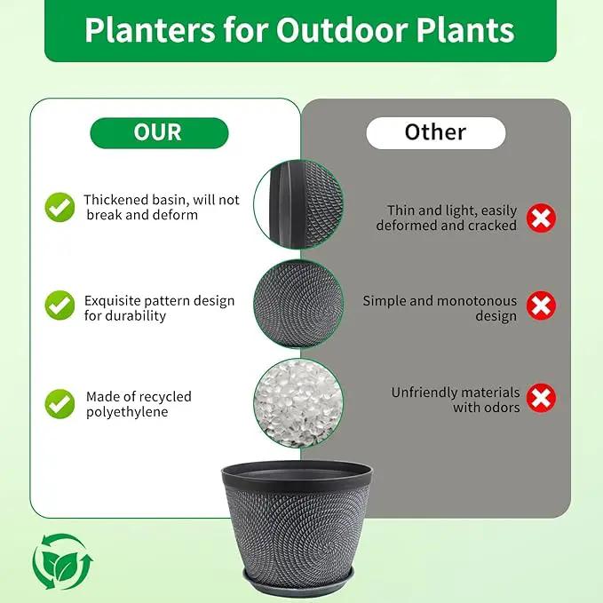 Quarut Large 12 Inch Plant Pot for Plants Outdoor Indoor, 4 Pack Plastic Flower Pots with Drainage Hole & Saucer, Modern Decorative Garden Pot with Saucer, Plant Container for House（Gray） by GreenHaven Gardens