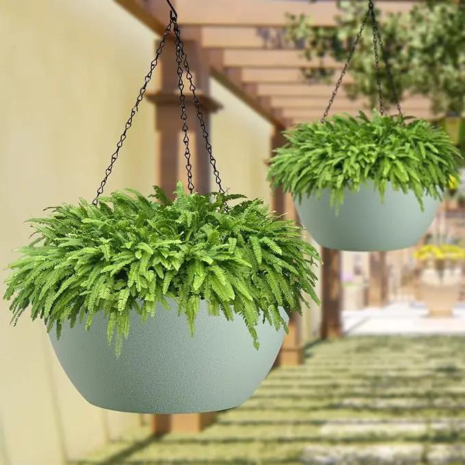 WOUSIWER 13 inch 2 Pack Large Hanging Planters for Indoor Outdoor Plants with Drainage Holes and Chain, Round Hanging Flower Pots for Garden Home Porch Decor, Green by GreenHaven Gardens
