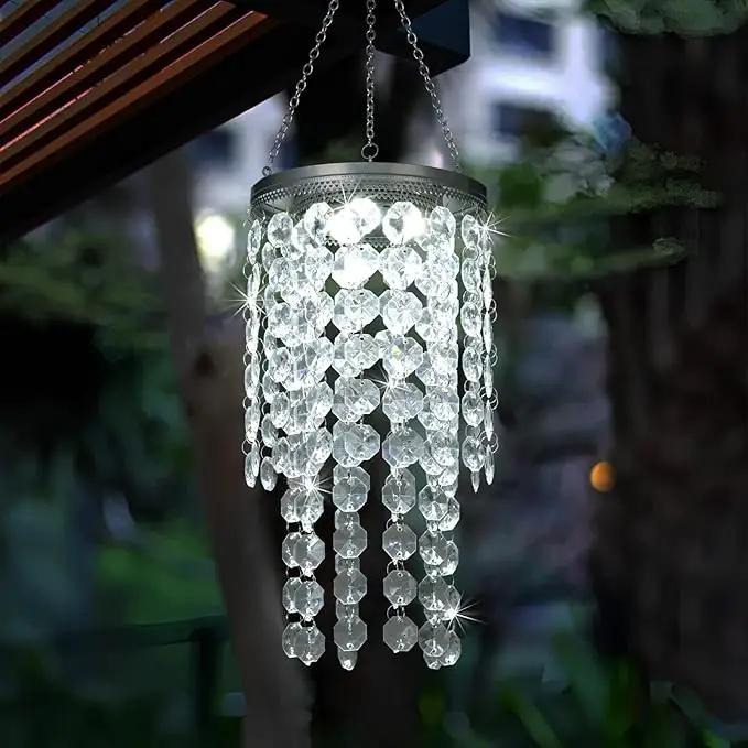 Hanging Solar Crystal Chandelier Outdoor, 21” Modern Solar Transparent Acrylic Beaded Lantern with Cool White LED S Hooks for Garden Yard Patio Gazebo Outside Decor by GreenHaven Gardens