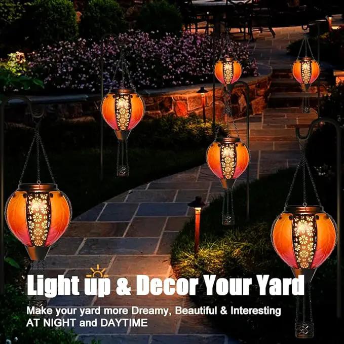 Hot Air Balloon Solar Lantern - Stained Glass Lantern with Simulated Flickering Flame, Outdoor Hanging Yard Light Waterproof IP65 & Weather Resistant for Garden Patio Lawn Porch Decor Gfit by GreenHaven Gardens
