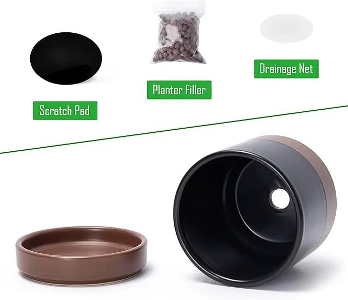 D'vine Dev Set of 4 Small Ceramic Plant Pots, 3.5 Inch Succulent Planter Pot for Plants with Drainage Hole and Saucer, Black/Speckled Tan, 94-X-A-7 by GreenHaven Gardens