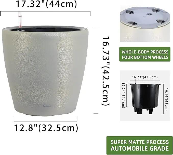 Dexceder 18x17 Self Watering Planter with Wheels Indoor Outdoor, Inner Pot Design, Thickened Large Floor Standing Flower Plant Pot with Water Level Indicator (Grey Gold Crackle) by GreenHaven Gardens
