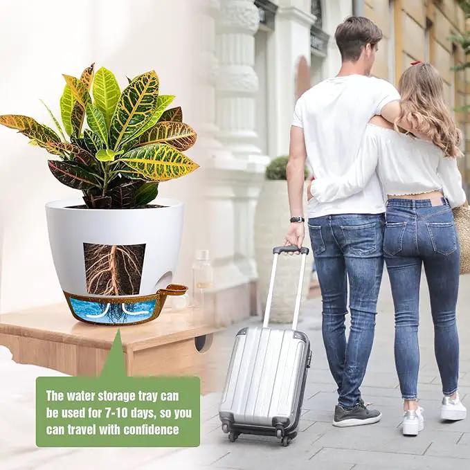 Large Self Watering Pots, 12/10/9 Plastic Planters with High Drainage Holes and Deep Reservoir for Indoor Outdoor Garden Plants and Flowers, White with Brown by GreenHaven Gardens
