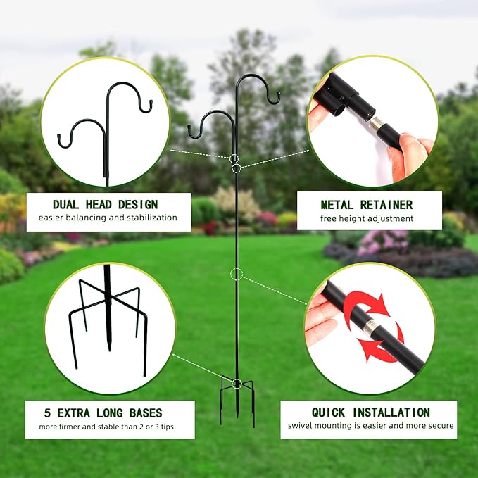 Double Shepherds Hooks for Outdoor, Bird Feeder Pole with 5 Prongs Base, Heavy Duty Garden Hook for Lantern, Wind Chime and Hummingbird Feeder, 45 Inch, 1 Pack by GreenHaven Gardens