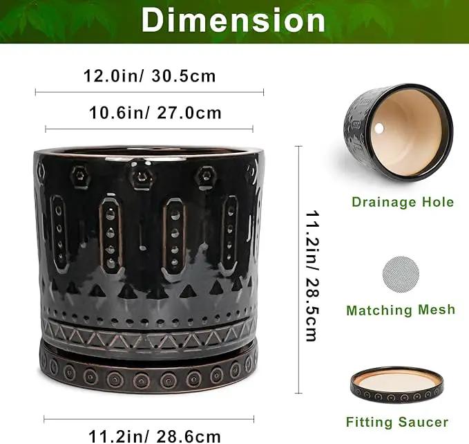 Ceramic Pots for Plants - 12 Inch Large Planter with Drainage Hole and Saucer, Ceramic Flower Pots for Indoor Outdoor, Boho Round Planter, Patio Decor, Gifts for Plant Lover, Black by GreenHaven Gardens