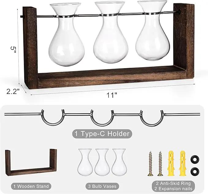 YIBOT Wall Hanging Planter Propagation Station, Plant Terrarium with Wooden Stand, Hydroponics Plants Home Office Living Room Decor Gift-3 Bulb Glass Vases by GreenHaven Gardens