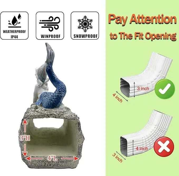 Mermaid Gutter Downspout Splash Block Statue, Garden Outdoor Animal Decor Sculpture, Diverter Rain, Decorative Extension, Waterproof Resin, Fits 3"x4" Rectangular Downspouts, Unique Gift