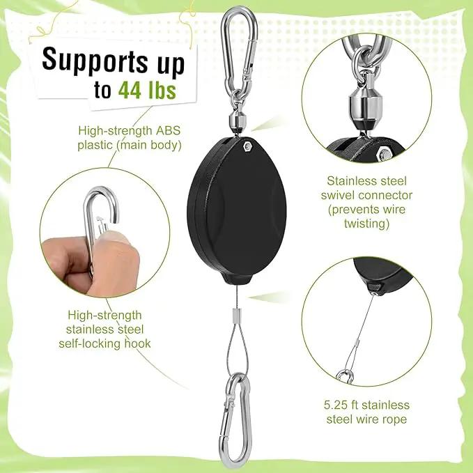 Plant Pulleys, Heavy Duty Retractable Hangers, 304 Stainless Steel Rope, Auto Plant Holder, Adjustable Climbing Hook for Garden Baskets, Watering, or Bird Feeders 2PC (Black) by GreenHaven Gardens
