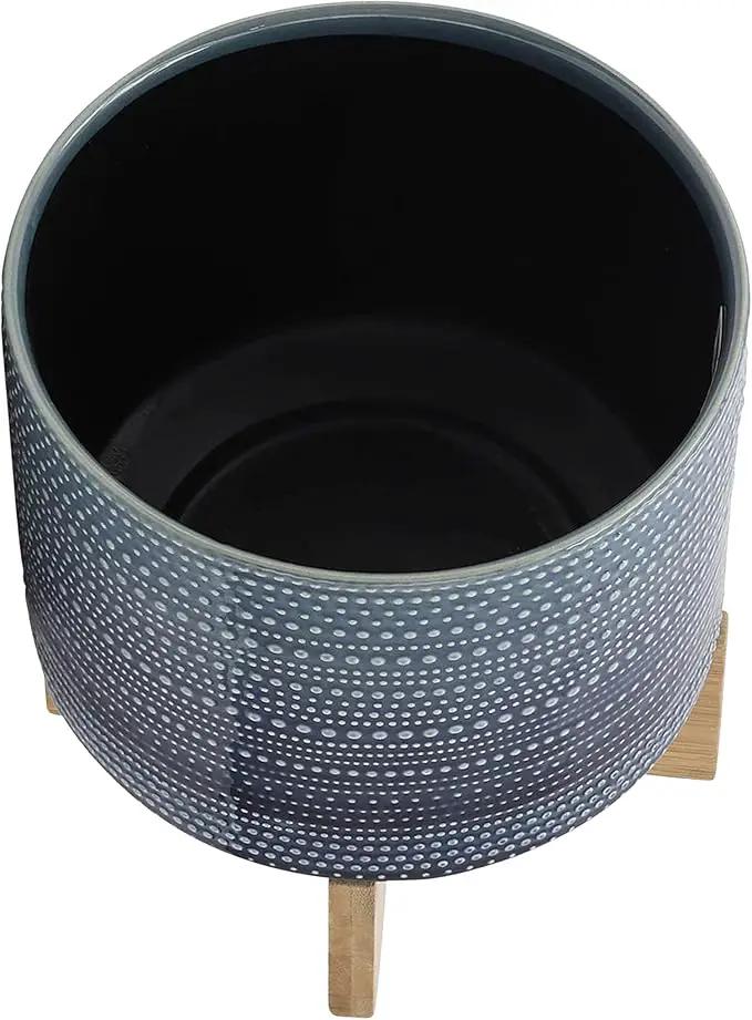 Sagebrook Home Textured Ceramic Planter with Wood Stand, Elevated Indoor/Outdoor Planter, Blue with Gray Dots, 8 L x 8 W x 10 H by GreenHaven Gardens