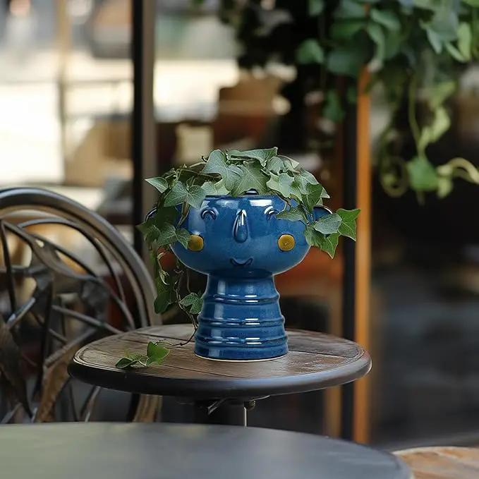 Face Planter Pot Head 7 Inch - Cute Ceramic Head Planter for Indoor Outdoor Plants Unique Flower Pot with Drainage Hole Gift Ideas for Christmas Blue by GreenHaven Gardens