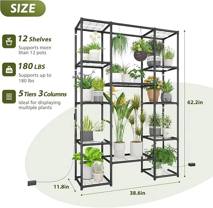 Plant Stand Indoor with Grow Lights Large Plant Shelf Plant Cabinet Hanging Plant Rack Metal Plant Holder for Multiple Plants for Living Room Patio Balcony Garden Black by GreenHaven Gardens