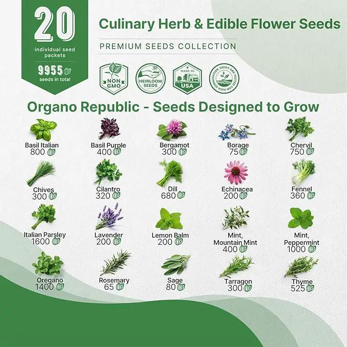 Organo Republic 20 Culinary Herbs & Edible Flower Seeds Variety Pack for Planting Indoor & Outdoor. 9500+ Non-GMO Heirloom Flower Garden Seeds: Basil, Borage, Echinacea, Lavender, Oregano & More by GreenHaven Gardens