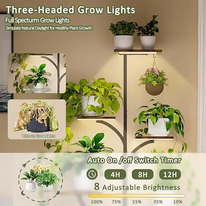 Plant Stand Indoor with Grow Lights, 60" Tall 7-Tier Metal Plant Stand with Wheels & Tree-Shaped Design for Indoor Plants, Flower Holder Display Rack for Home, Patio - Black by GreenHaven Gardens