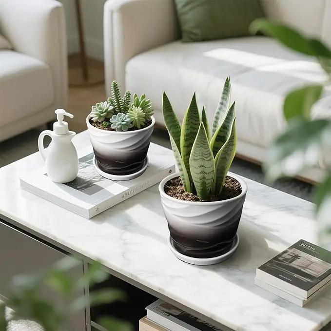 Ceramic Plant Pots,6.7 + 5.5 Inch,Set of 2,Planters with Drainage Hole and Saucer,Flower pots for Indoor Plants,Modern Design(Dark Gray+White) by GreenHaven Gardens