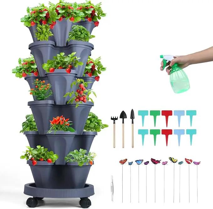 Vertical Planter, 6 Tier Stackable Strawberry Planter with Garden Tool Set, Movable Indoor/Outdoor Garden Herb Pot for Growing Vegetables and Succulents, Dark Gray by GreenHaven Gardens