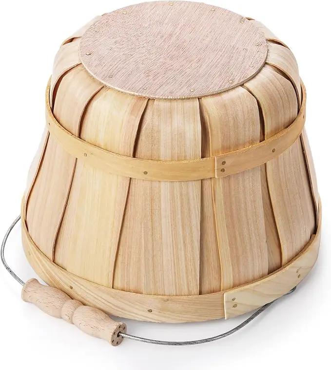 Okllen 2 Pack Round Wooden Baskets with Handle, Empty Wood Fruit Buckets, Easter Basket Fall Harvest Basket for Display Fruits Vegetables, Home Garden and Party Supplies, Natural Color by GreenHaven Gardens
