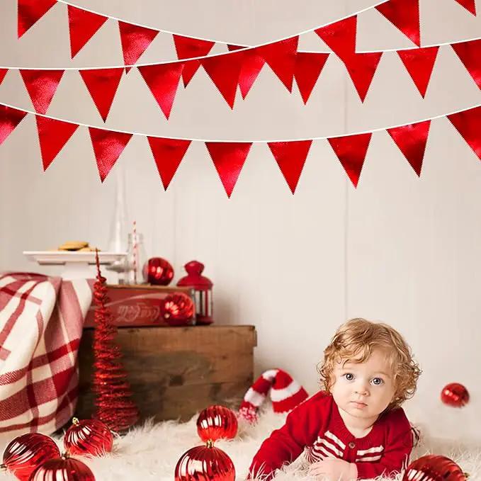 Red Party Decorations Triangle Pennant Banner Flag Dark Red Metallic Fabric Bunting Garland for Graduation Wedding Bridal Shower Birthday Anniversary Holiday Valentines Retirement Party Supplies by GreenHaven Gardens
