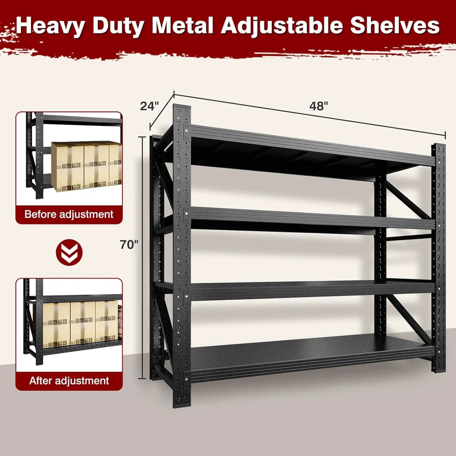 5000LBS Metal Steel Storage Shelves - 71.3" W Black 4 Tier Heavy Duty Rack Commercial Industrial Shelving with Adjustable Shelf for Basement Garage Warehouse - 71.3" W x 24" D x 70" H by GreenHaven Gardens