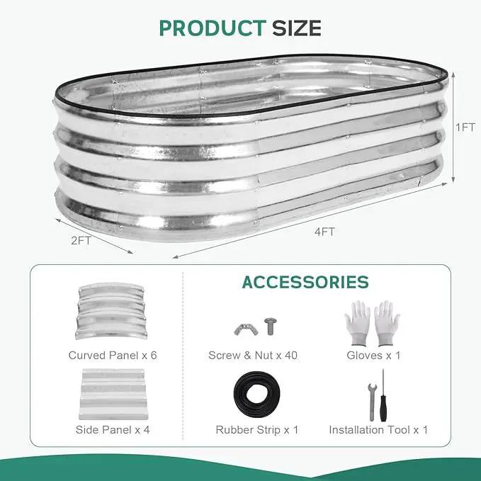 Galvanized Raised Garden Bed - 4×2×1ft (2 Packs) Planter Raised Beds for Gardening | Oval Metal Garden Planter Box with Safety Edging and Gloves for Vegetables Fruits and Flower - Silver by GreenHaven Gardens