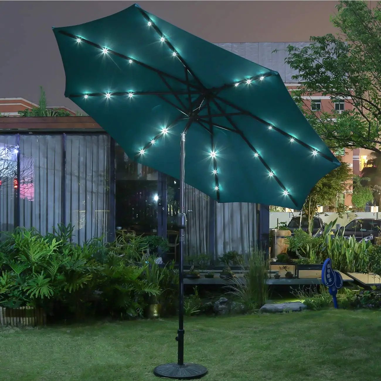 Sunnyglade 9' Solar LED Lighted Patio Umbrella with 8 Ribs/Tilt Adjustment and Crank Lift System (Teal Blue) by GreenHaven Gardens