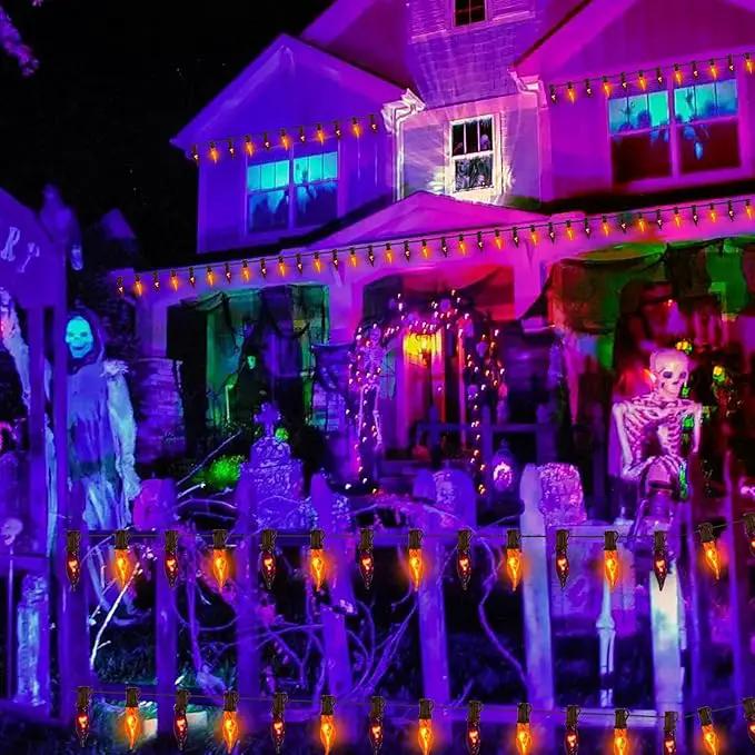 27.8 FT Halloween Decorations, C7 Clear Orange and Purple Halloween Lights, Flickering Flame String Lights Outdoor, E12 Screw Base, Flame String Lights for Halloween Garden Patio Party Decor, Black by GreenHaven Gardens
