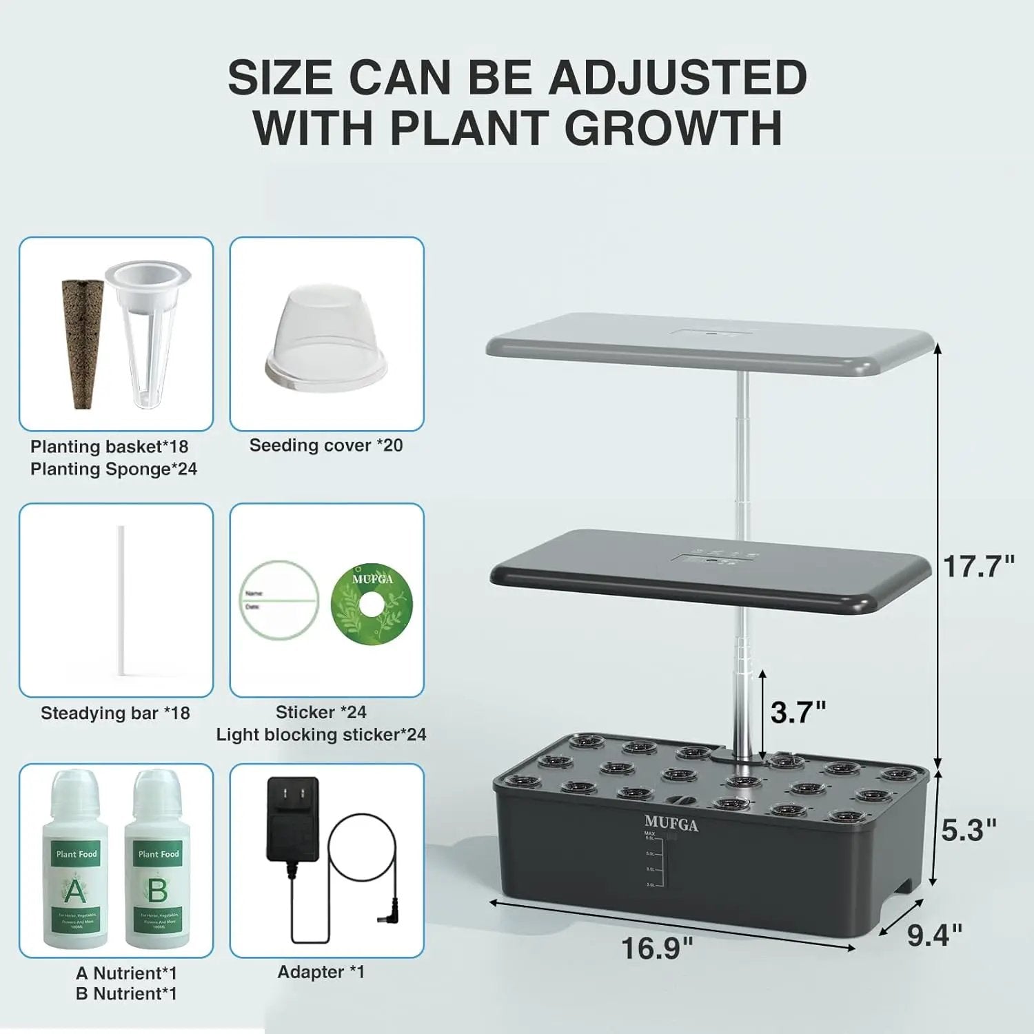 Hydroponics Growing System Herb Garden - MUFGA 18 Pods Indoor Gardening System with LED Grow Light, Plants Germination Kit(No Seeds) with Pump System, Adjustable Height Up to 17.7" for Home, Black by GreenHaven Gardens