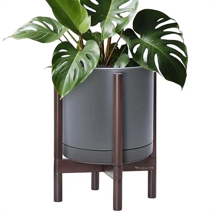 D'vine Dev Ceramic Planter with Walnut Color Stand - 12 Inch Modern Round Flower Pot with Wood Planter Holder, Grey, 55-B-W-3 by GreenHaven Gardens
