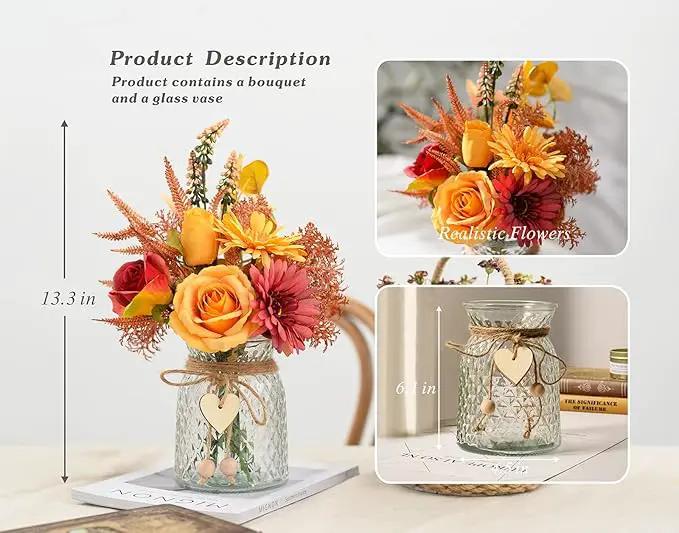 Artificial Flowers with Vase, Faux Silk Flowers Arrangement in Vase, Rustic Home Office Decorations, Farmhouse Dining Table Decor, Coffee Table Centerpiece, Fall Table Plant Decor by GreenHaven Gardens