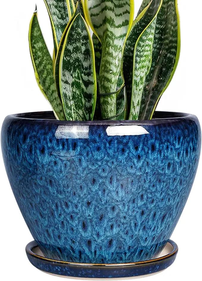 8 Inch Ceramic Plant Pot, Ceramic Planter Pot for Indoor Outdoor Plants, Round Flower Pot with Drainage Hole and Saucer, Blue by GreenHaven Gardens