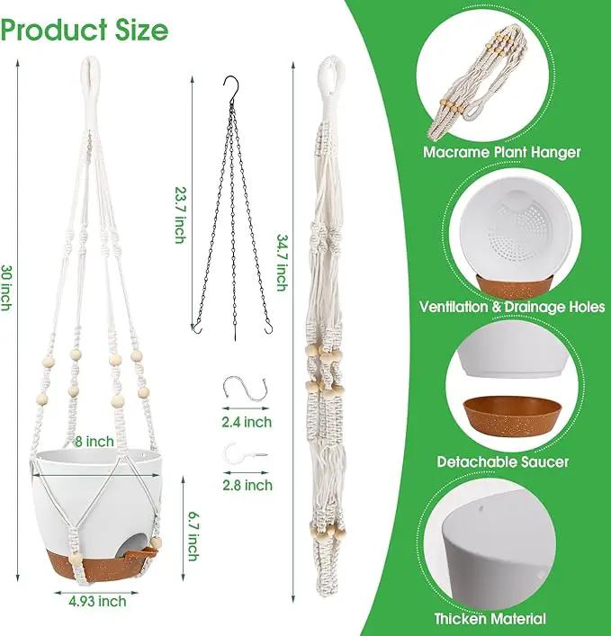 Hanging Planters for Indoor Outdoor Plants, 2 Pack Self Watering Hanging Pot with Drainage Holes, Removable Tray & 2 Kinds of Plant Hangers, 8'' Hanging Flower Pots for Home Garden Decor, White by GreenHaven Gardens